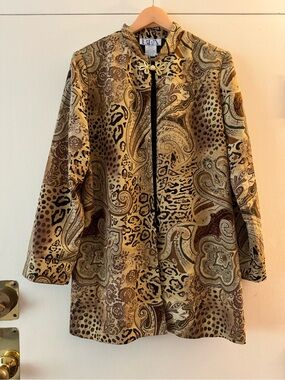 BFA Classics Vintage Gold & Brown Paisley Animal Print Jacket Mandarin Button